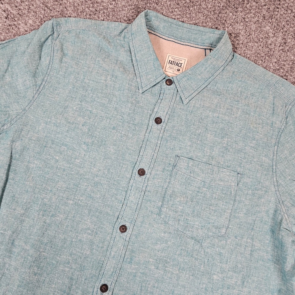 FatFace Mens 2XL Short Sleeve Linen Cotton Button Down Shirt Teal Blue Heathered
